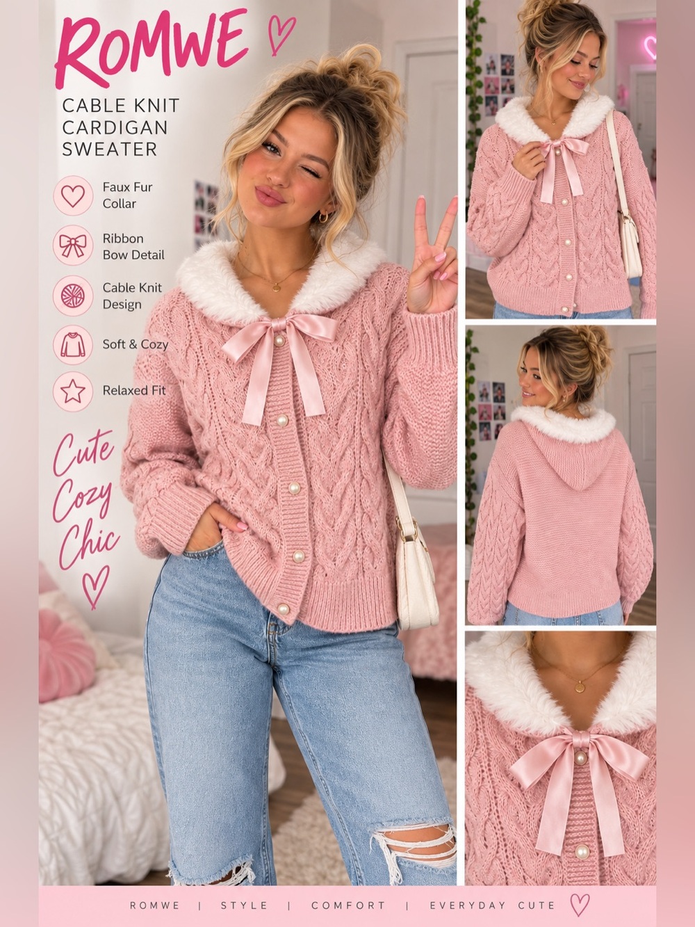 ROMWE Pink Cable Knit Cardigan Faux Fur Collar Bow Pearl Buttons Size L